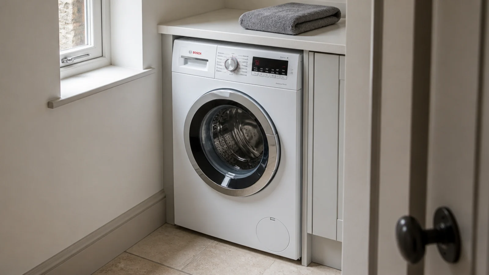 slim european washing machine fitted neatly under a compact worktop