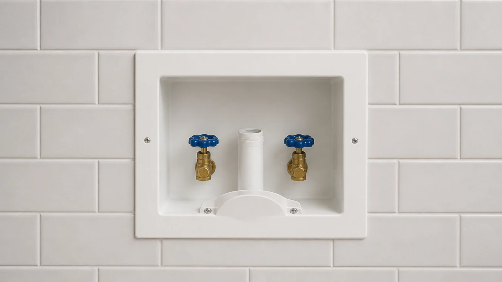 recessed laundry outlet box set flush into a plastered utility wall
