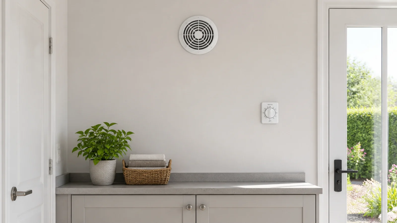 round extractor grille mounted high on a soft white utility wall