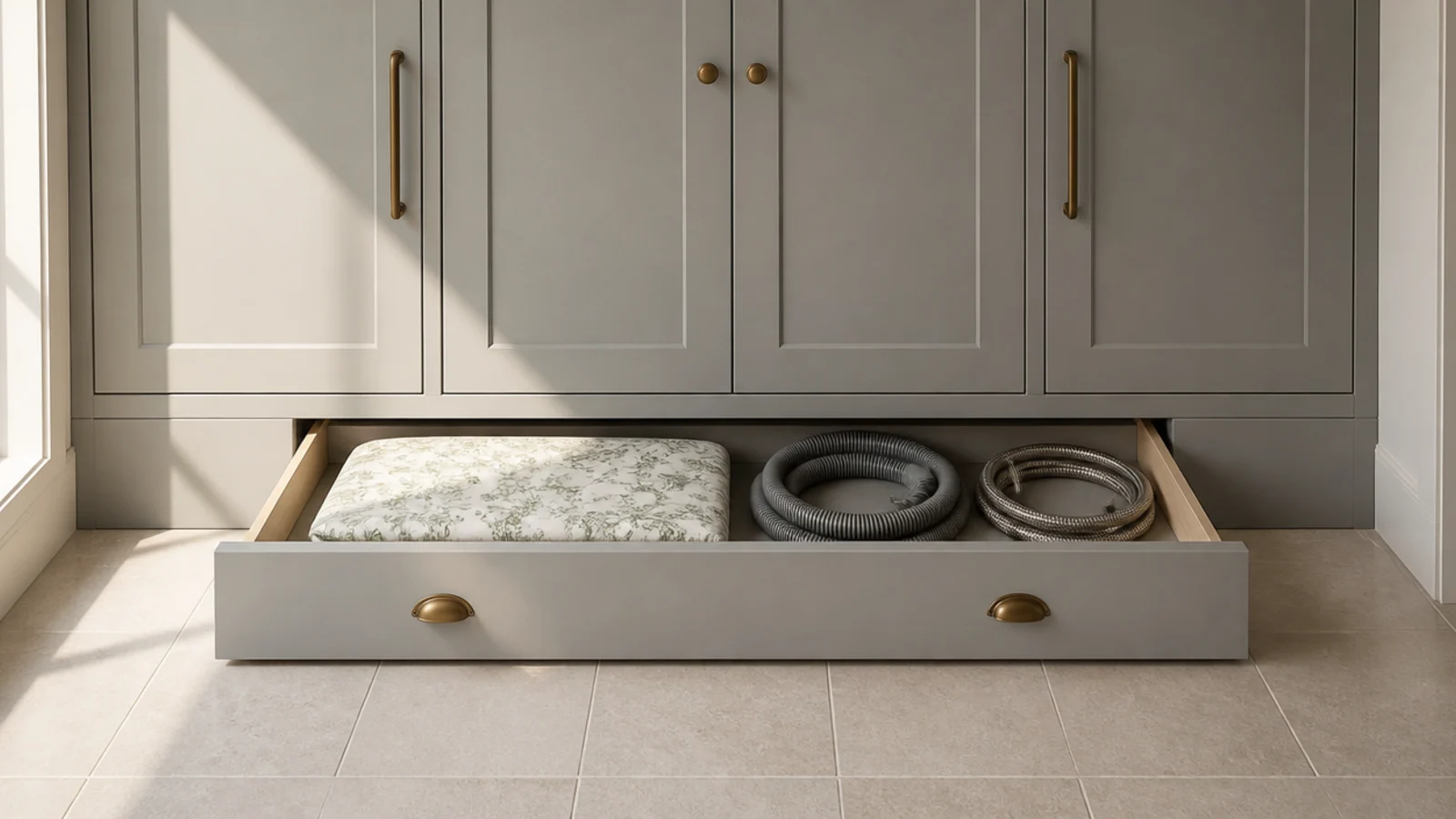 shallow plinth drawer open at floor level below utility cabinets