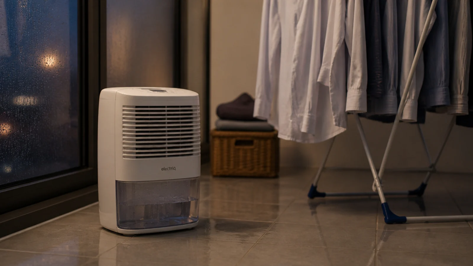 compact dehumidifier running beside a rack of drying shirts