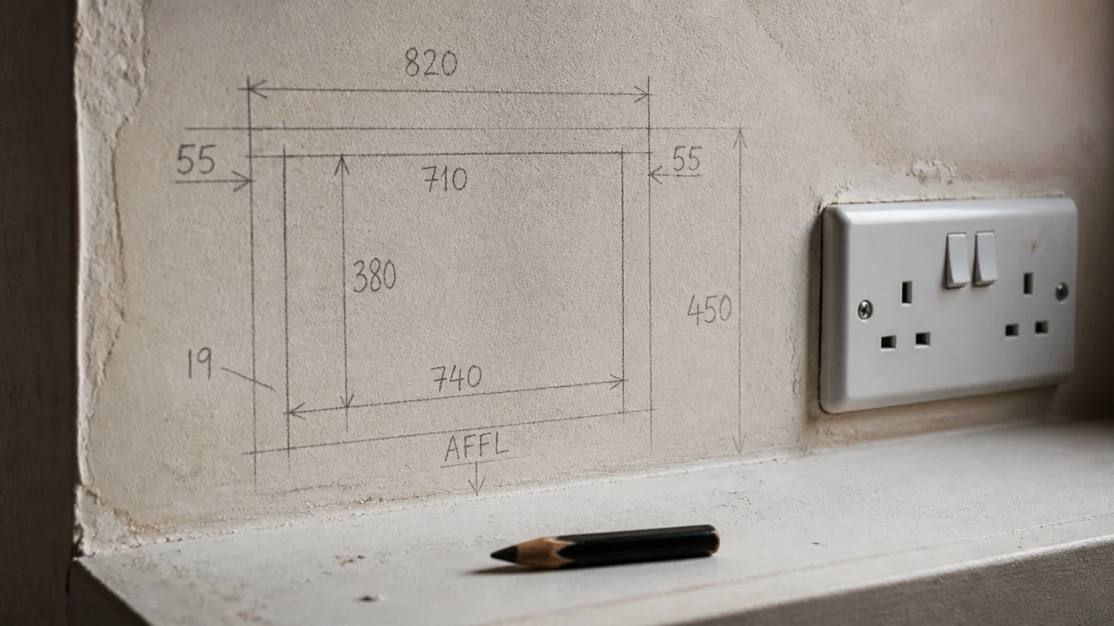 pencil marks and dimensions written directly on a bare closet wall