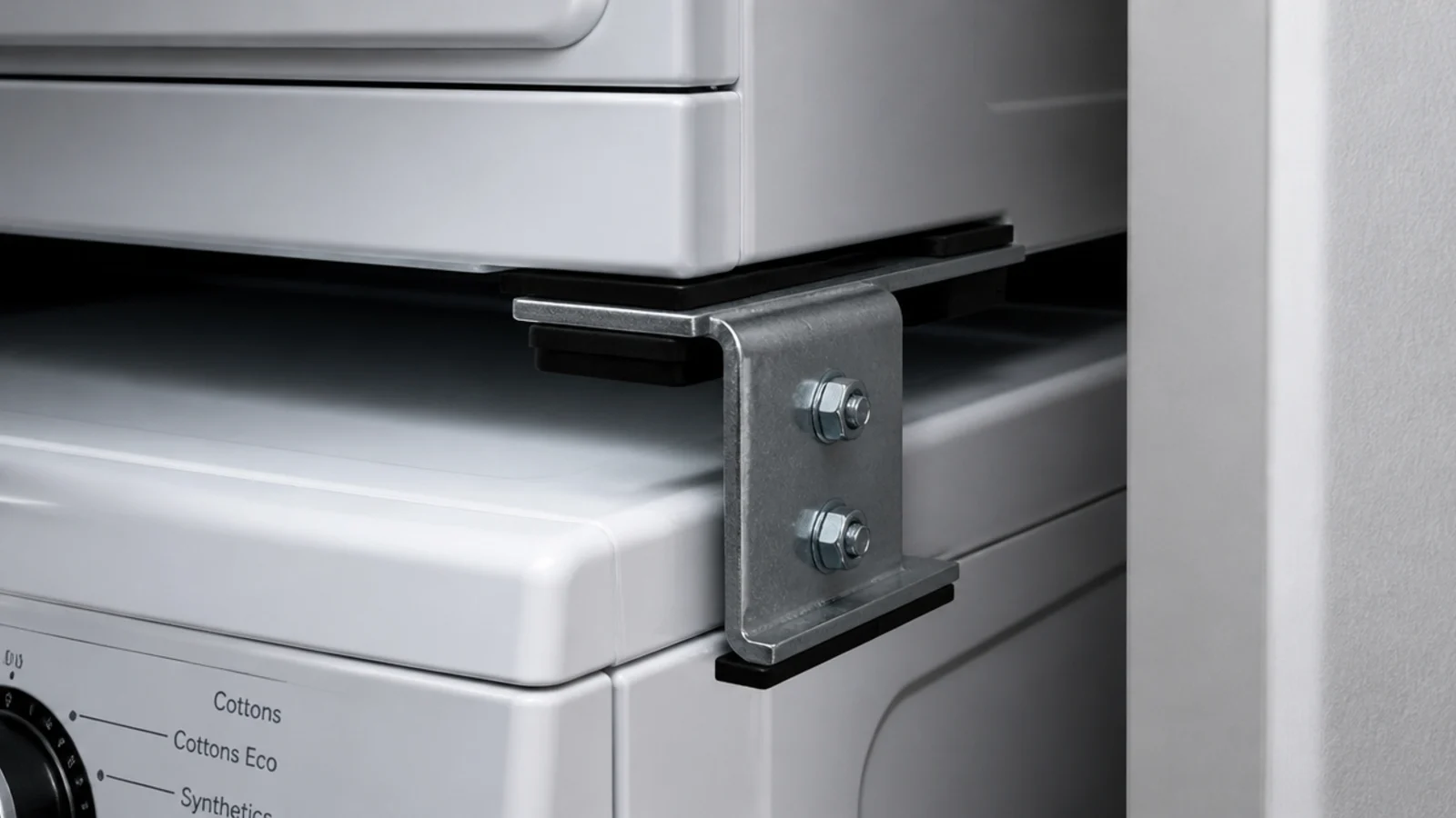 metal stacking bracket clamped between a front loading washer and dryer