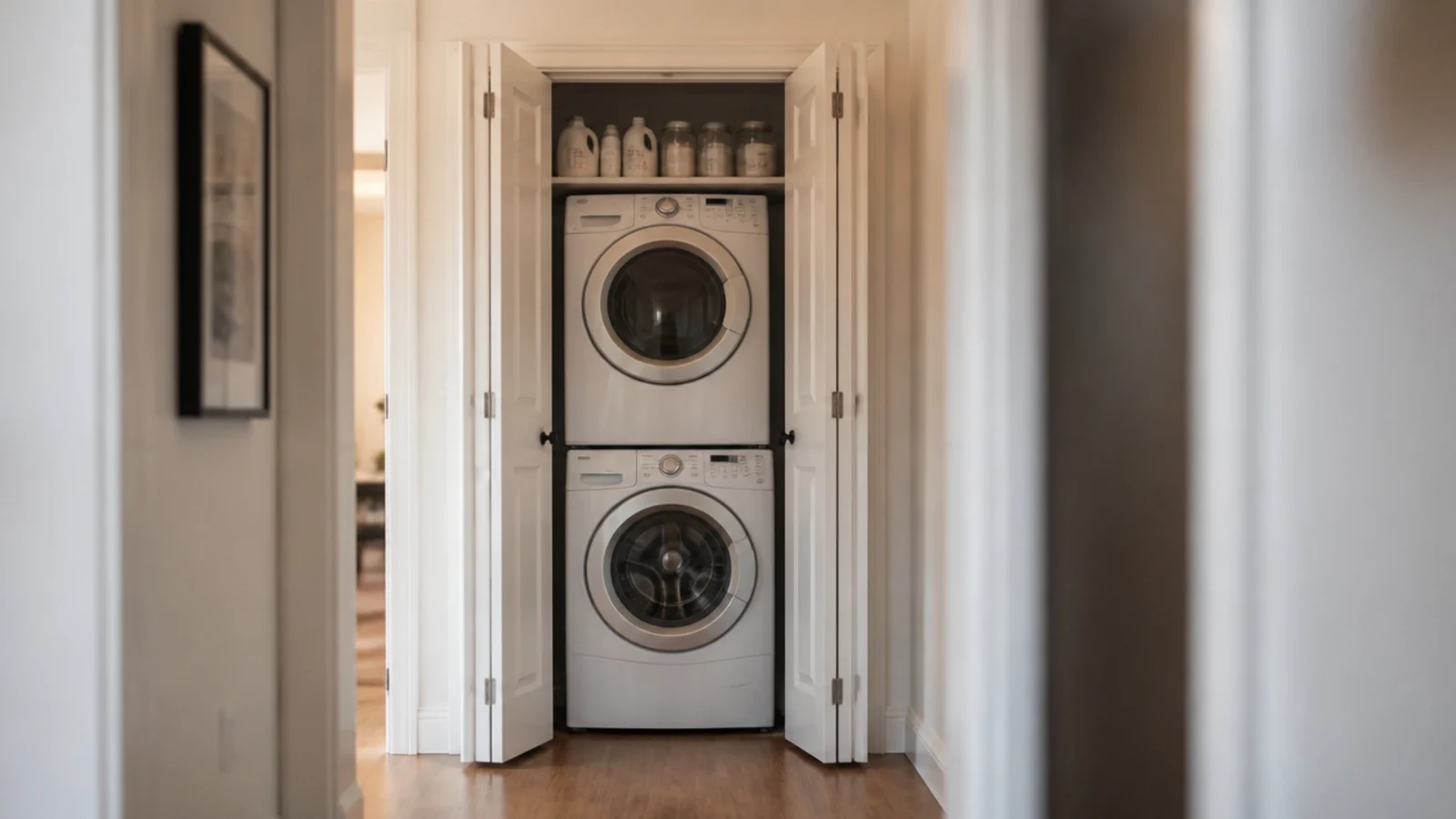bifold laundry doors folded back against the frame revealing appliances
