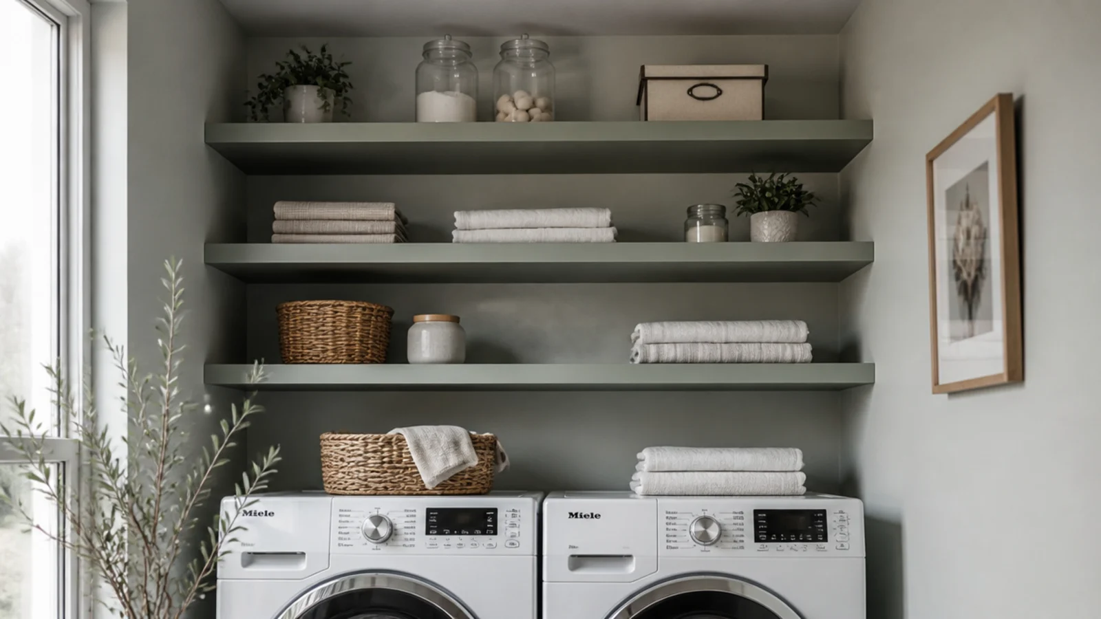 stacked shelves rising to the ceiling above a laundry machine pair