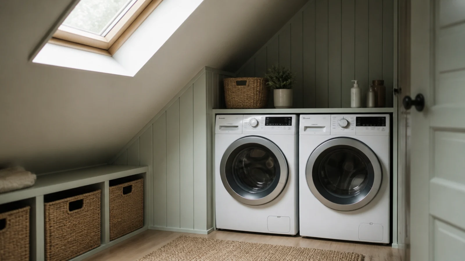 laundry machines arranged along the tall side of a sloped attic corner