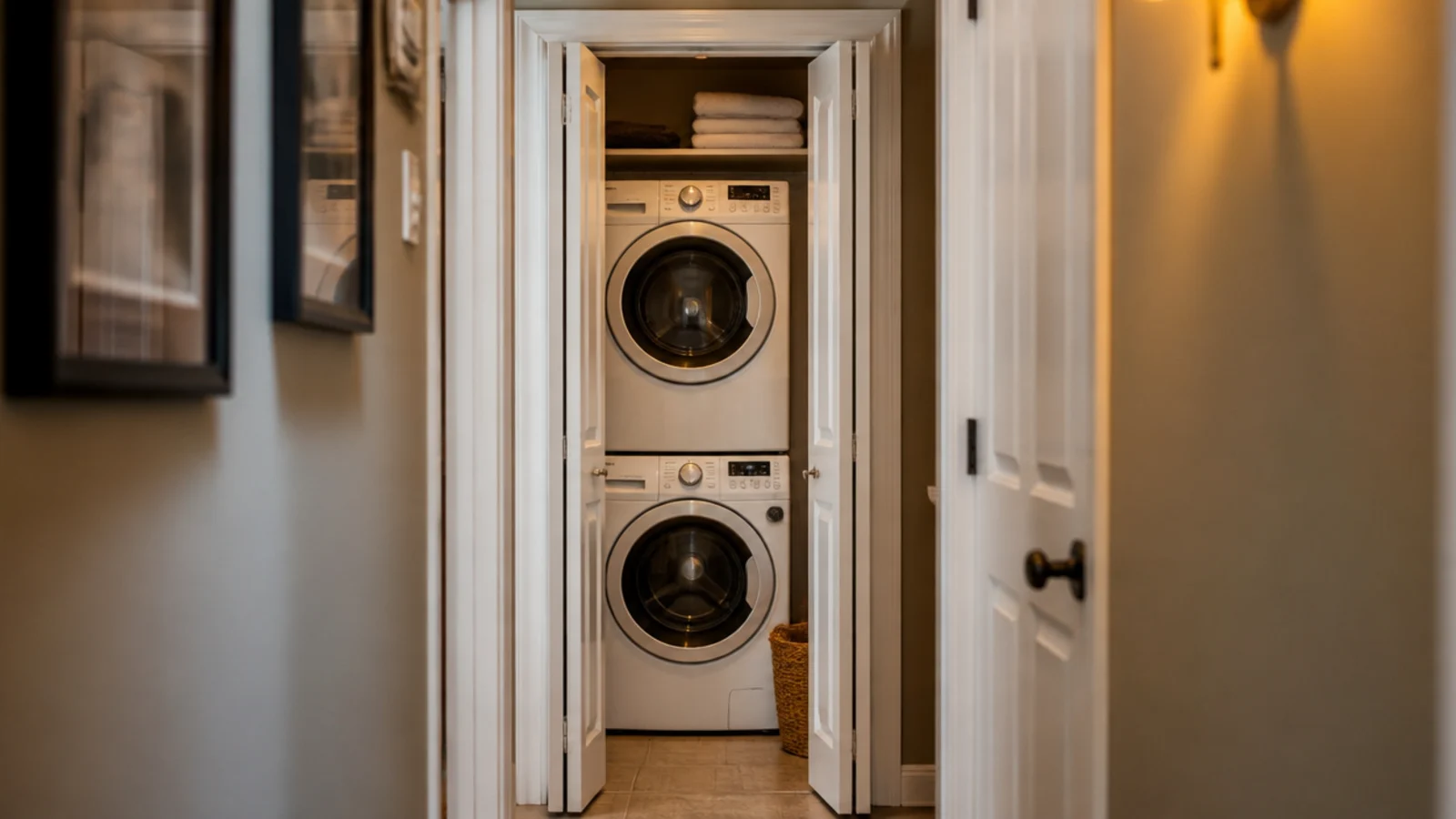 tiny utility room in a hallway closet with a stacked washer and dryer pair