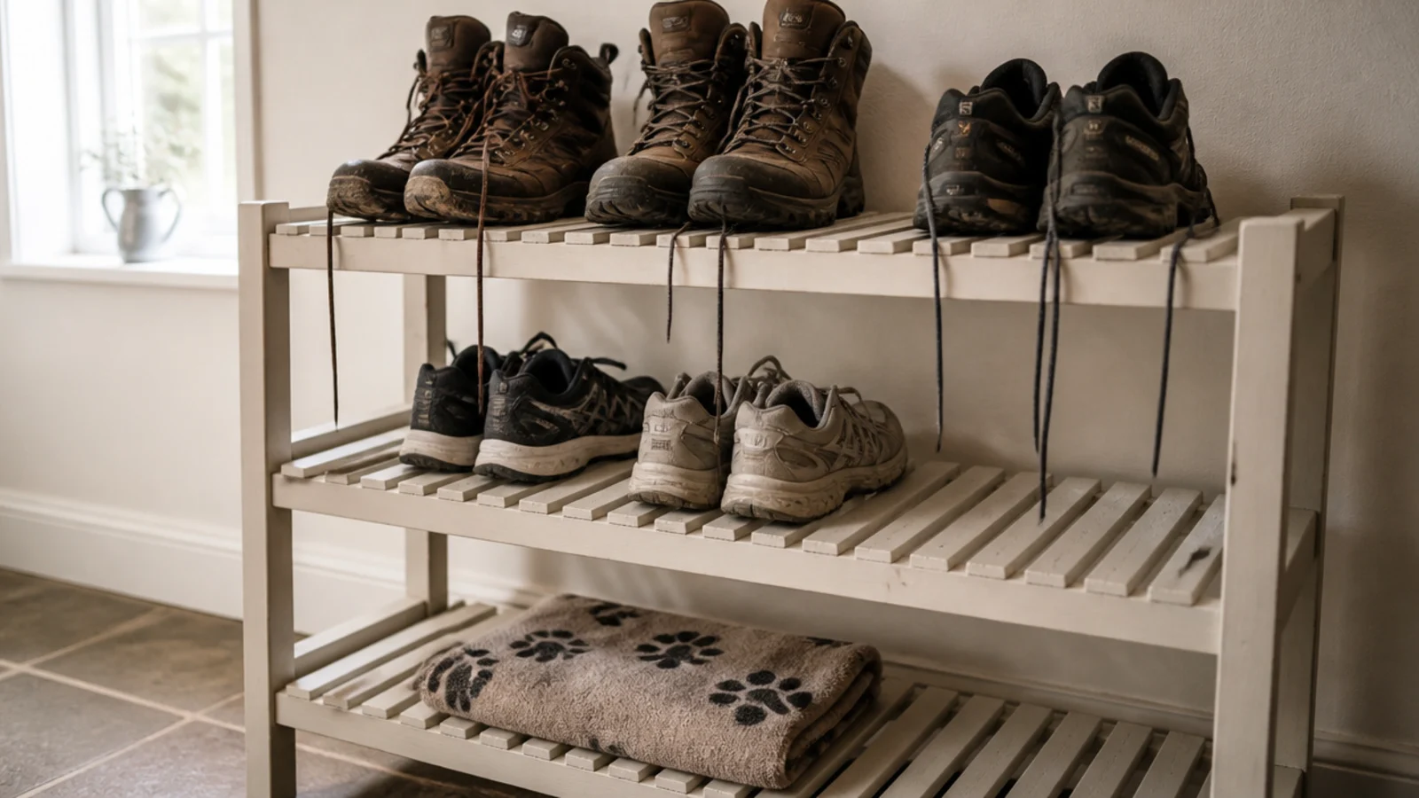 open slatted timber shelves drying walking boots in a boot room