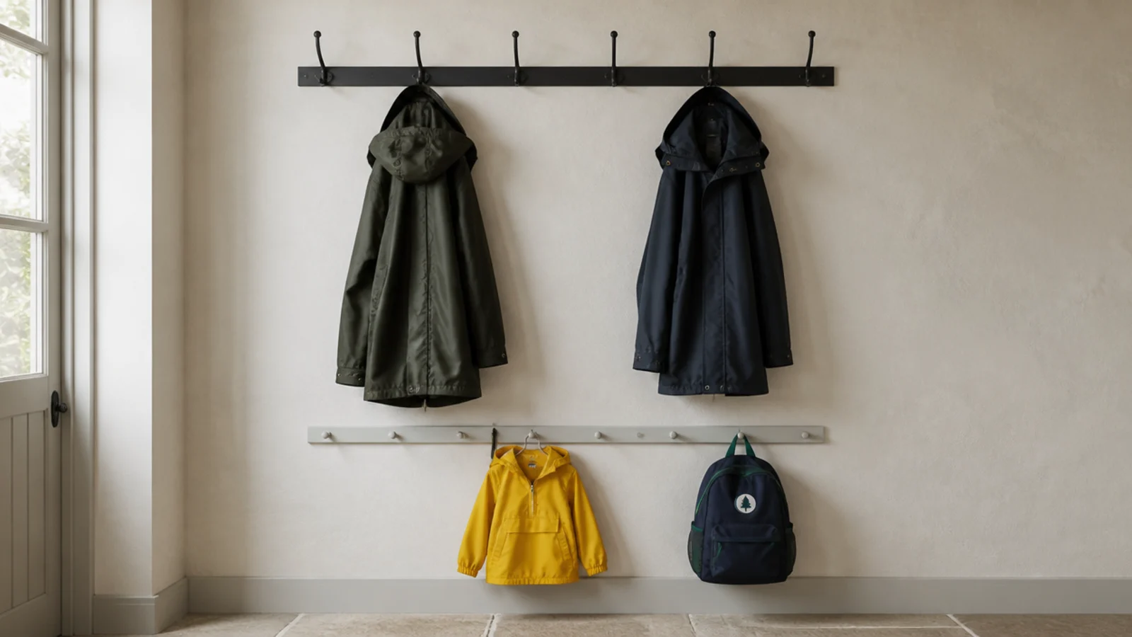 two rails of coat hooks set at adult and child height