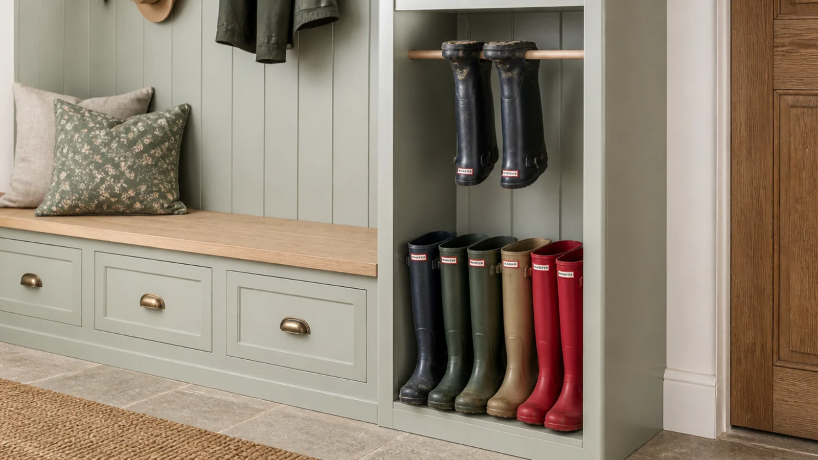 tall open bay holding wellington boots upright beside a bench