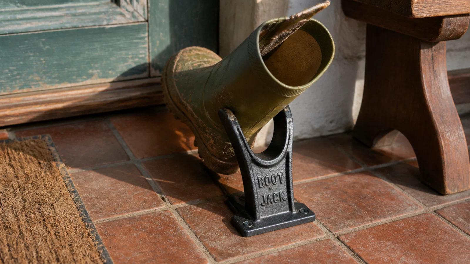 cast iron boot jack screwed to a tiled floor near the threshold