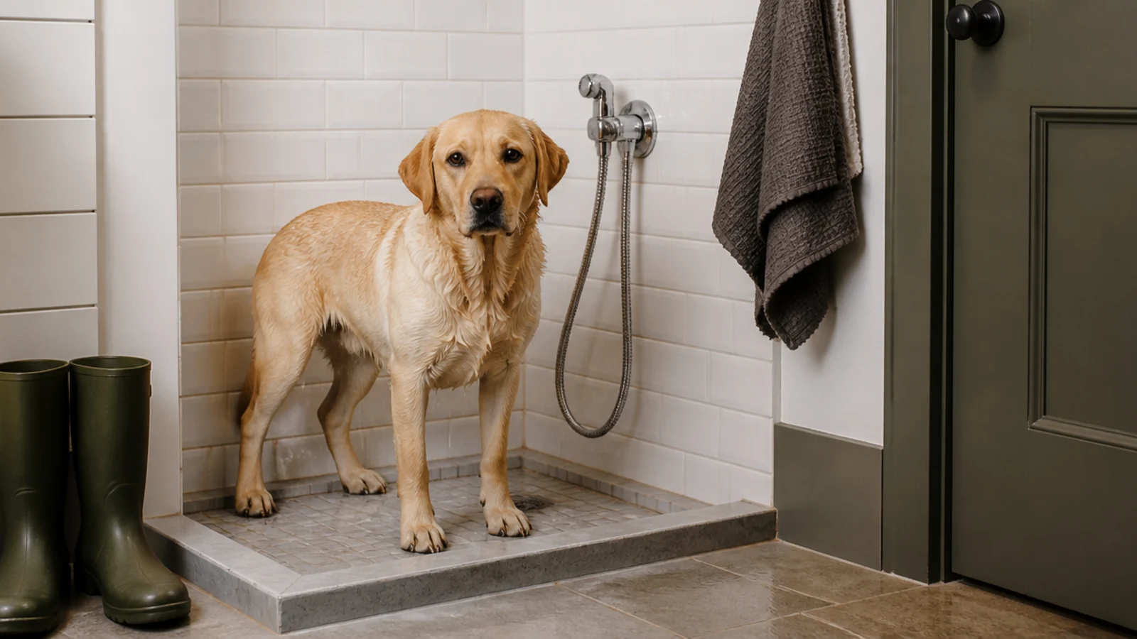 shallow tiled dog wash tray with a handheld spray in a utility