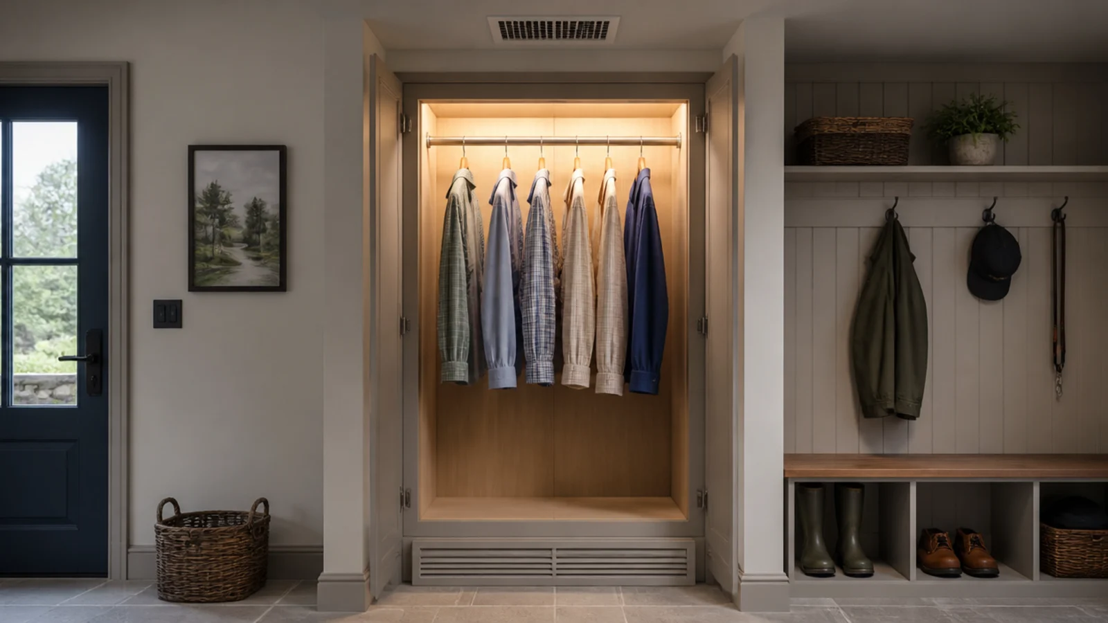 drying cupboard with a low inlet grille and a high outlet vent
