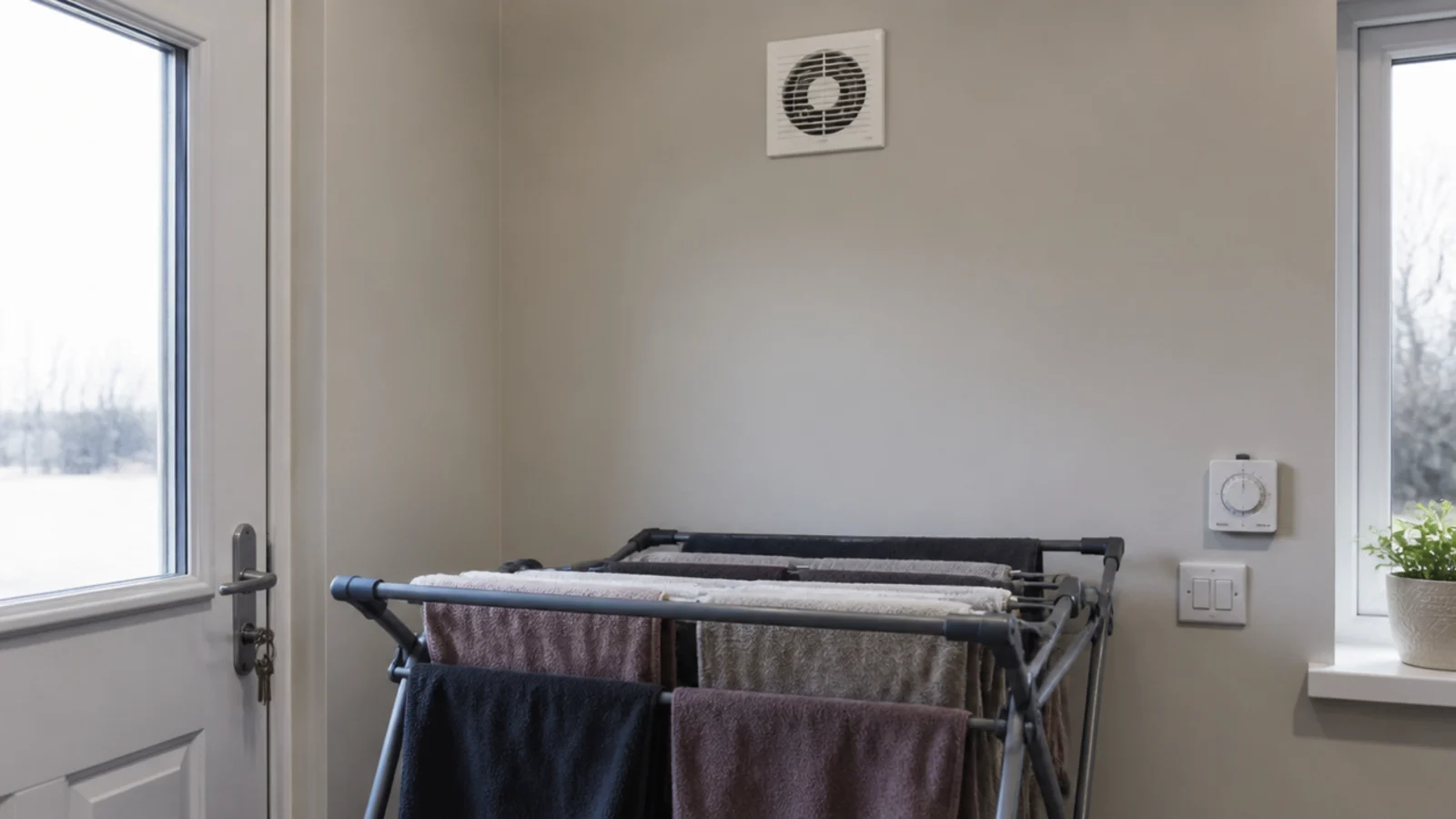 wall extractor fan running high above a loaded drying rack