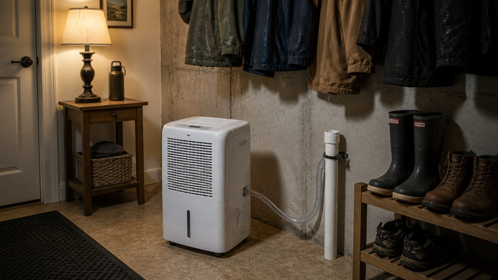portable dehumidifier drying coats and boots overnight in a boot room