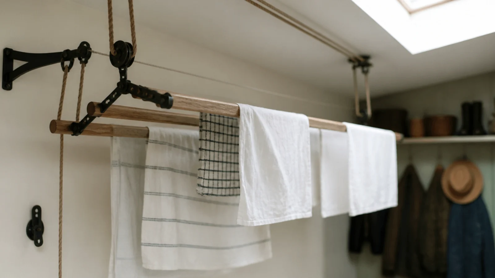 traditional ceiling airer lowered with laundry across four wooden laths