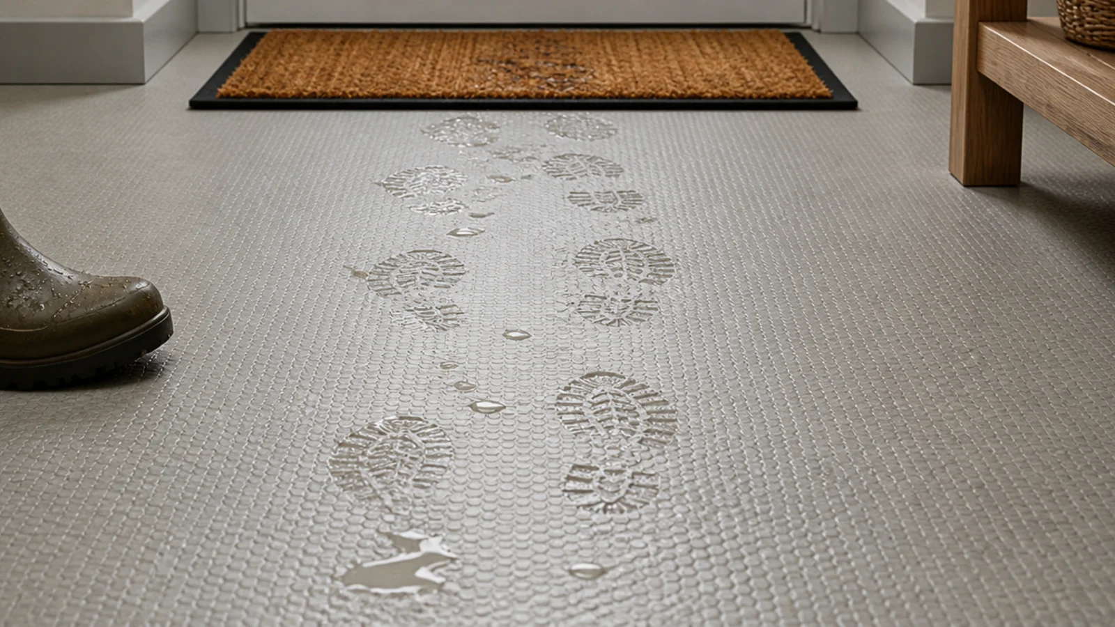 textured slip resistant vinyl floor in a boot room with wet footprints