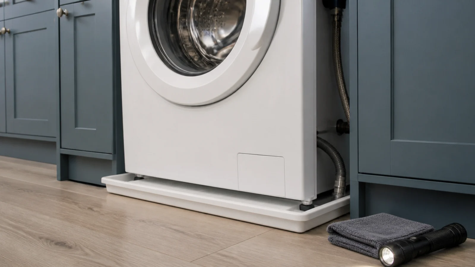 shallow leak tray sitting beneath a washing machine in a boot room