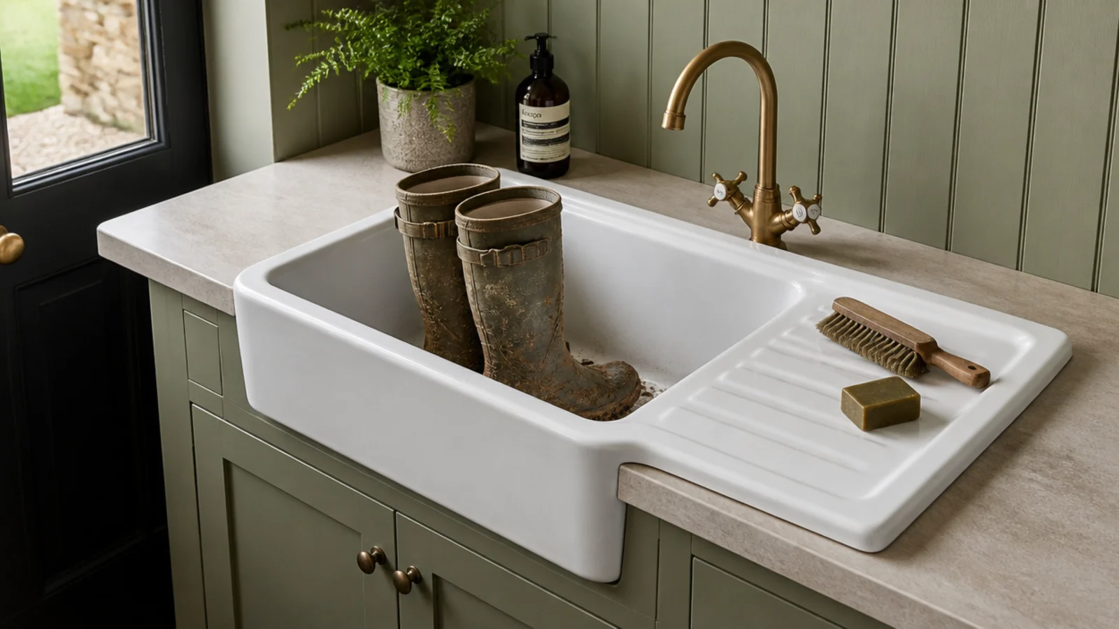 deep utility sink holding muddy boots beside a short drainer worktop