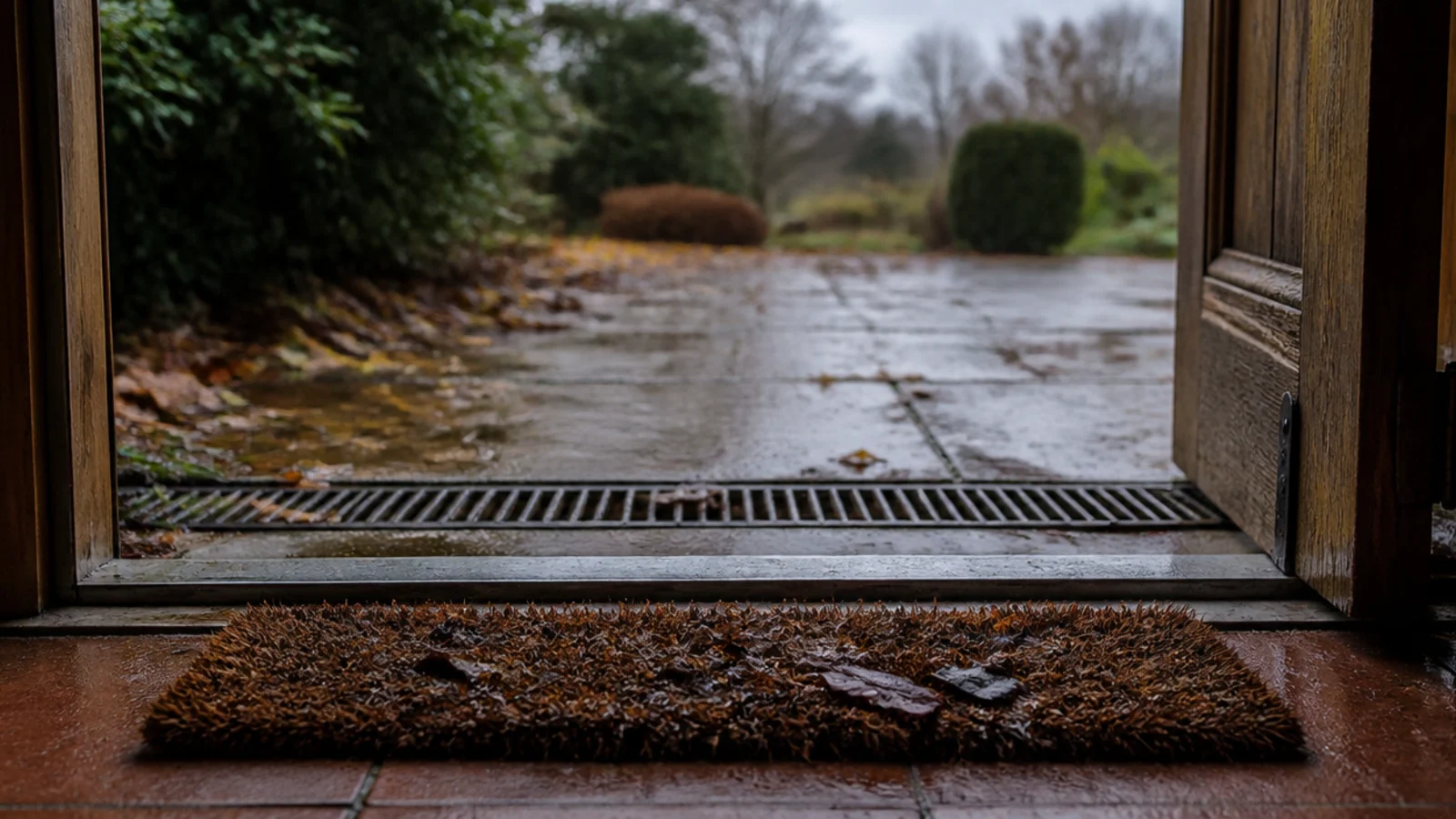 long coir scraper mat and a recessed drainage grid at a back door