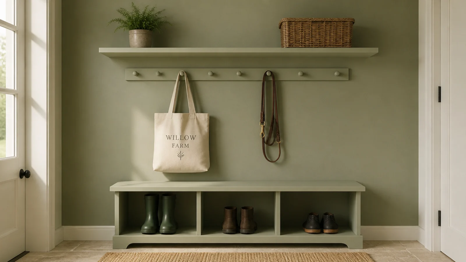 painted shaker peg rail above two simple open boot shelves