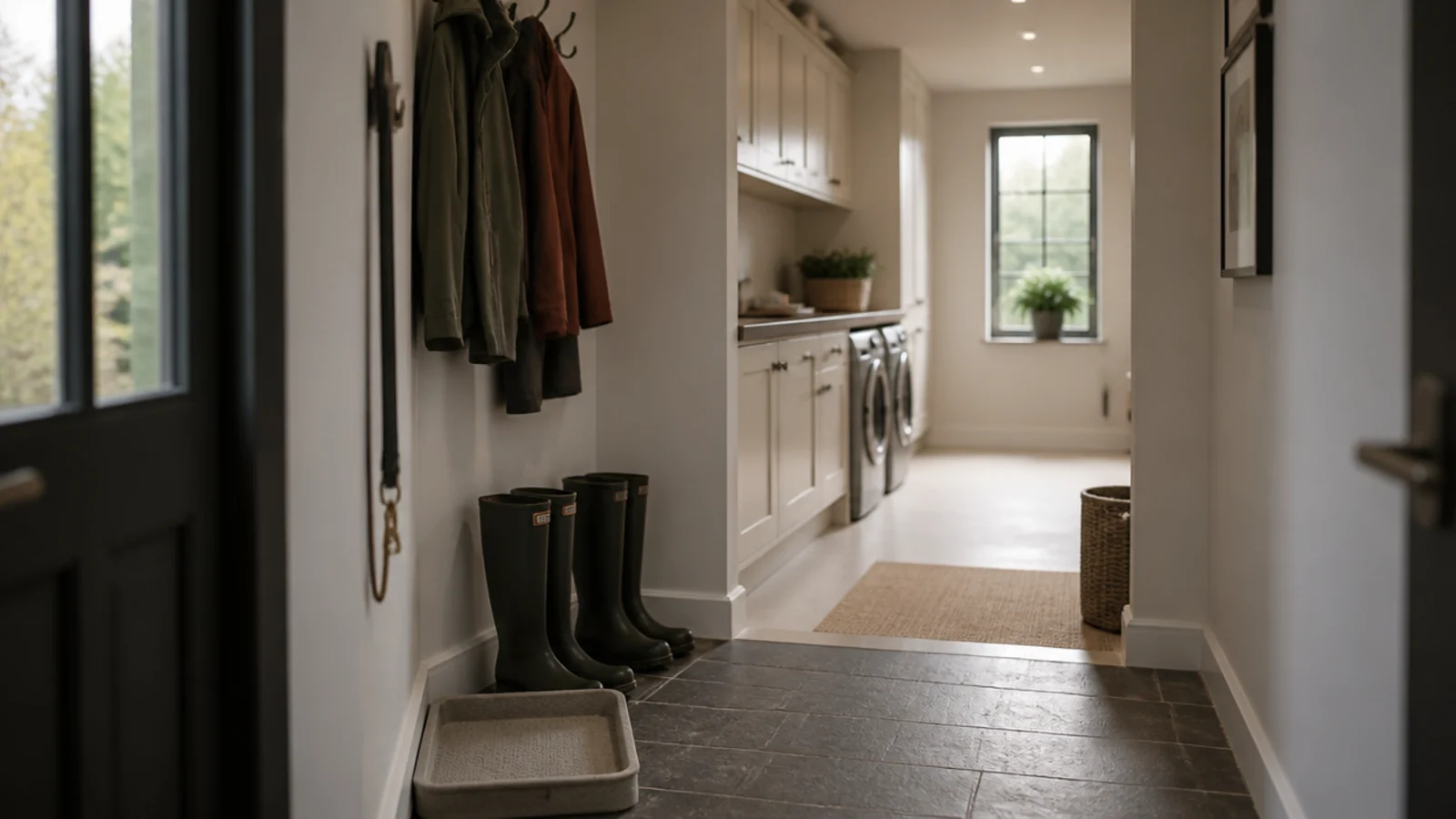 boot room zoned with wet storage by the door and machines beyond