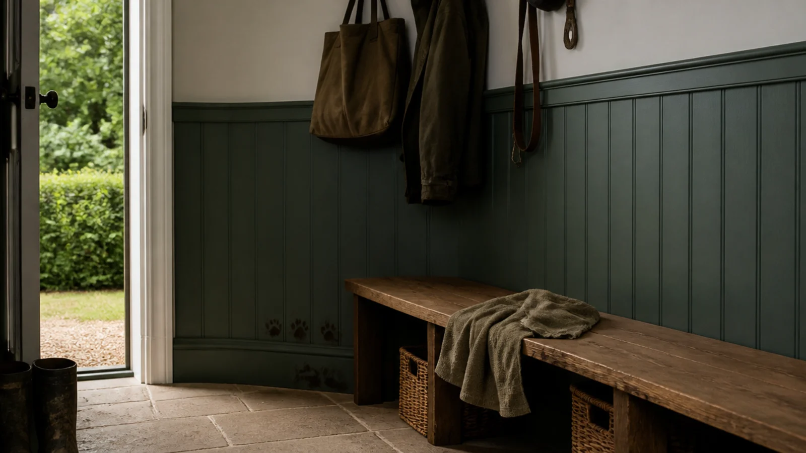 tongue and groove panelling painted to waist height in a boot room