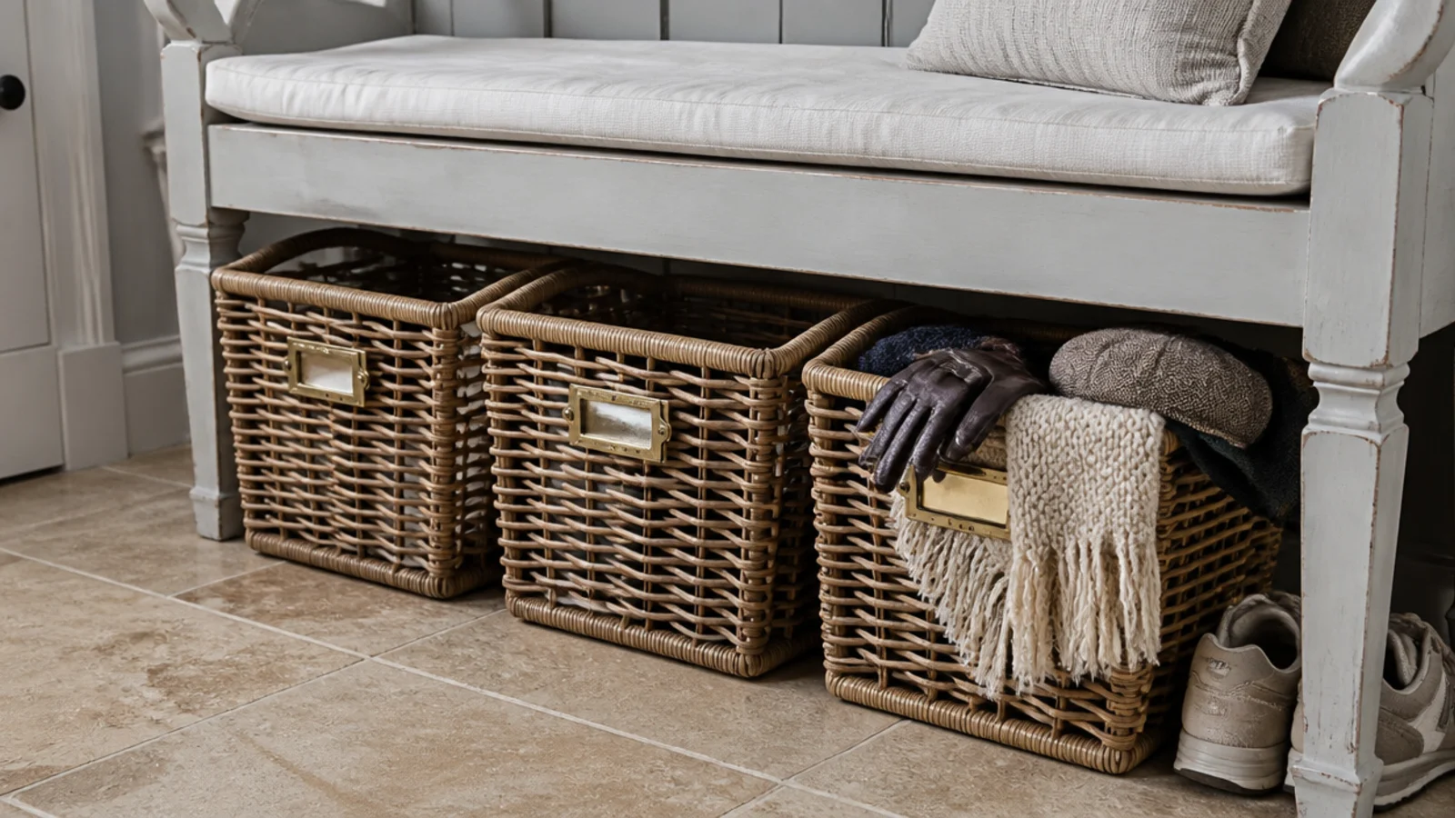 row of labelled open baskets under a boot room bench holding gloves
