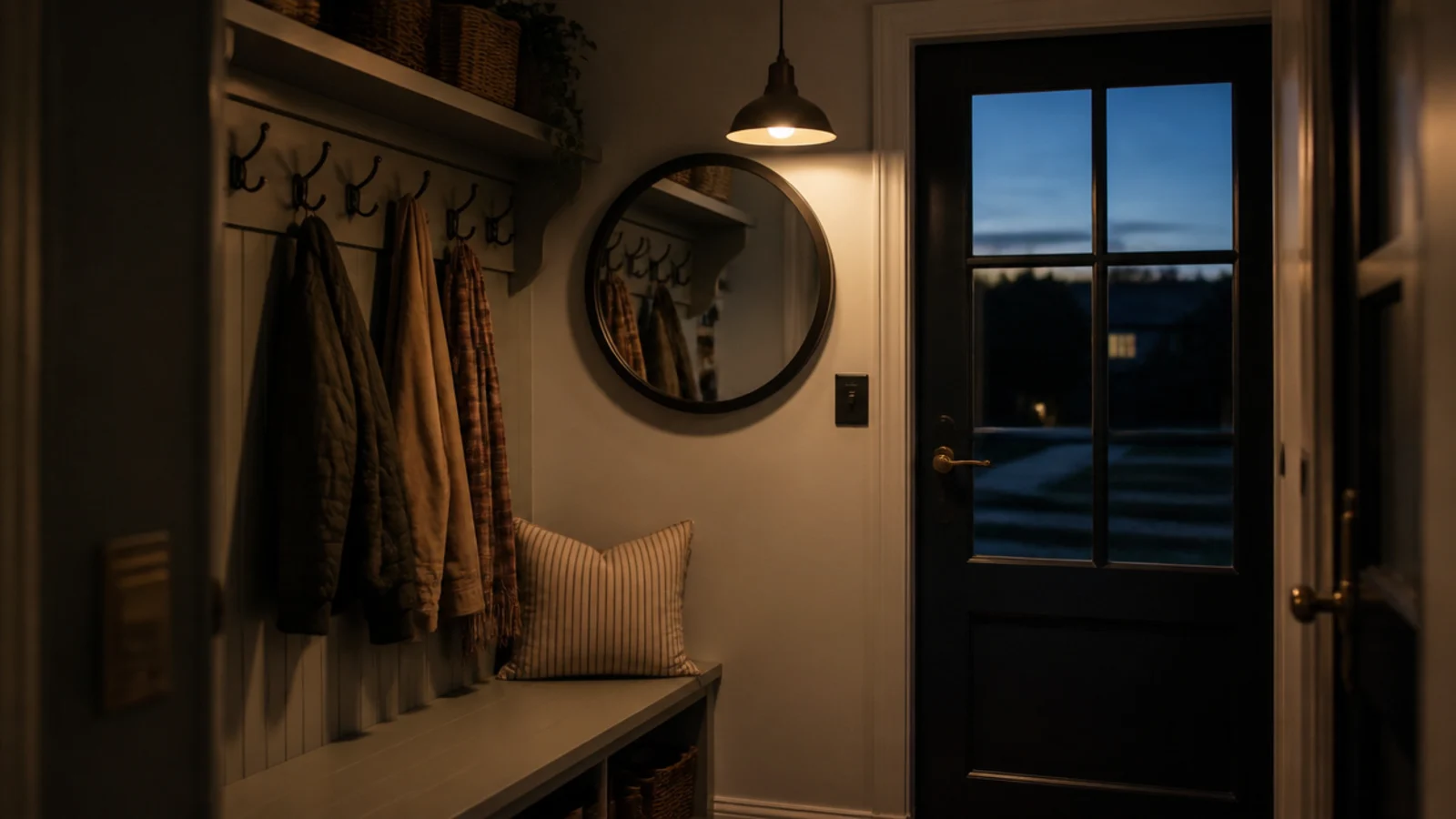 warm pendant light and a round mirror above a boot room bench