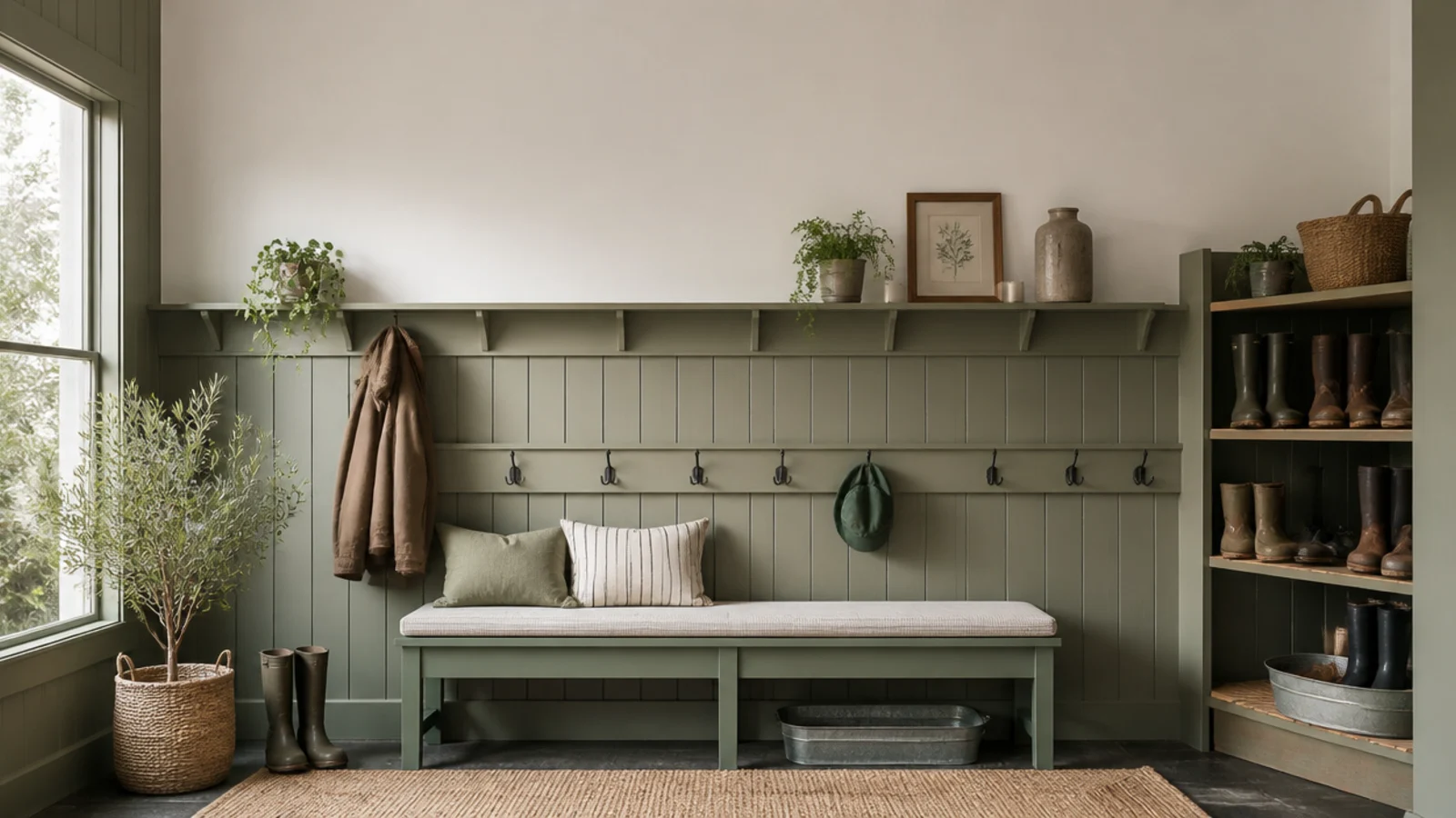 vertical boot room and utility layout with bench hooks and drying shelves