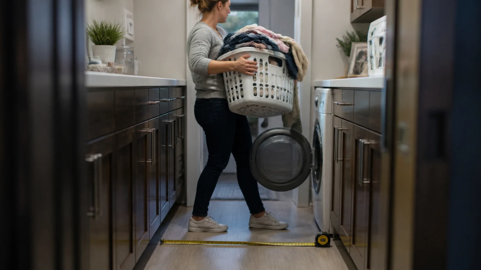 person turning sideways with a laundry basket in a tight walkway