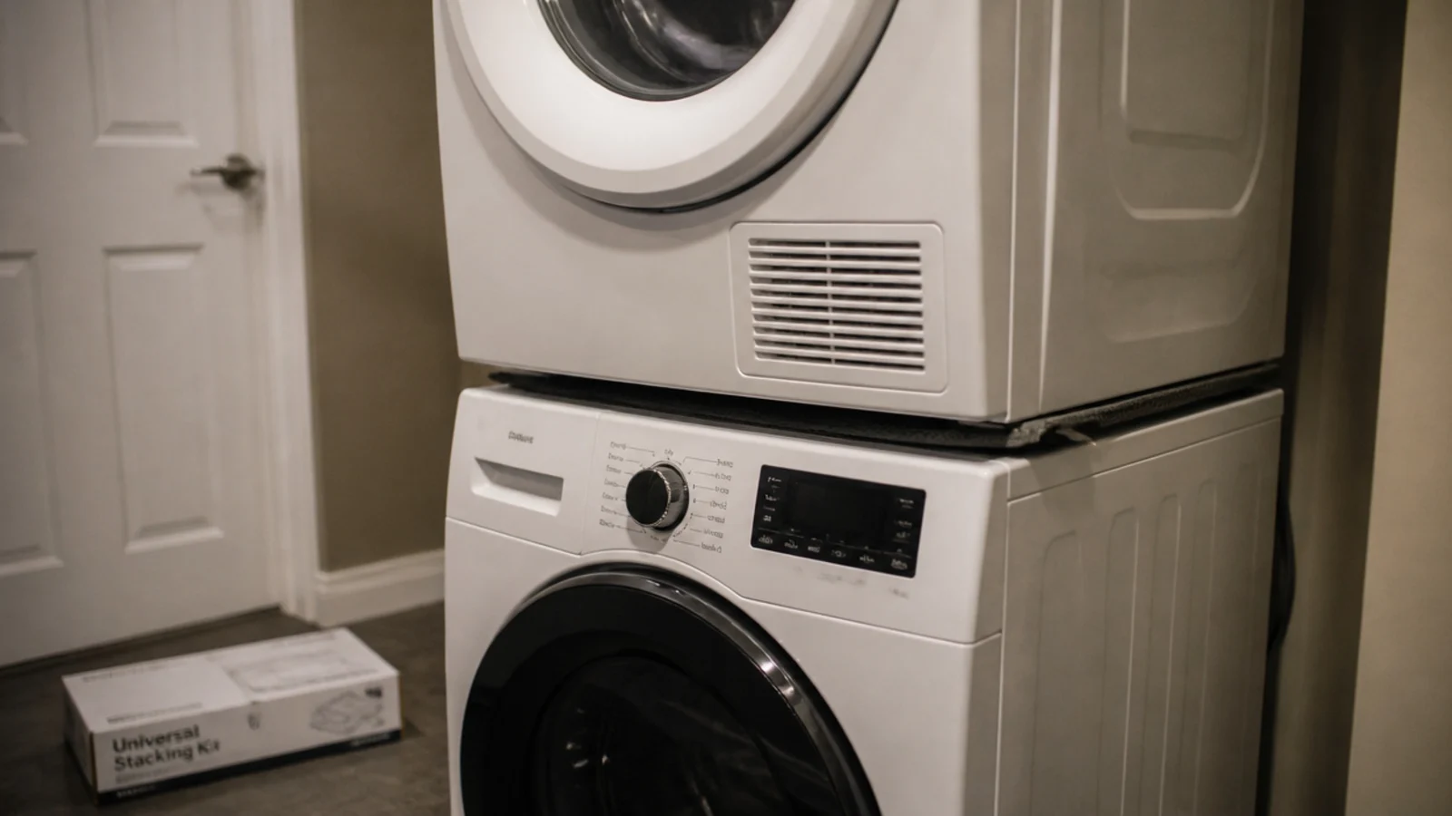 unbracketed dryer sitting on a washer having shifted forward slightly