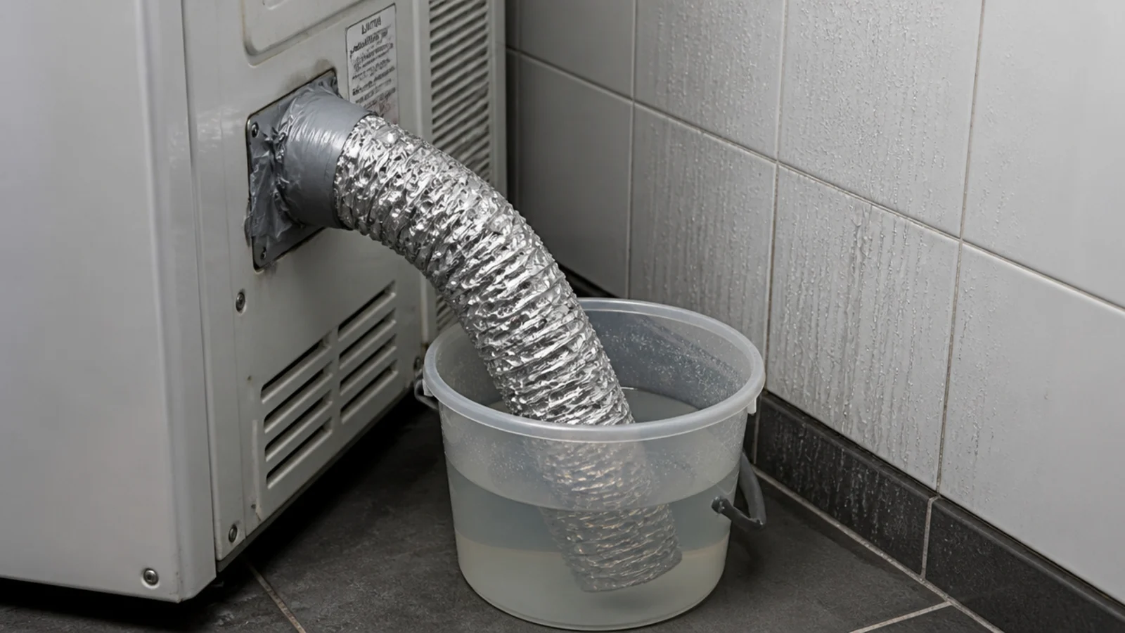 flexible dryer hose pushed into a bucket of water in a corner