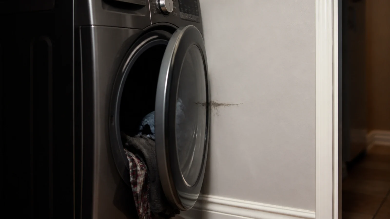 washer door stopped part open against a return wall in a corner