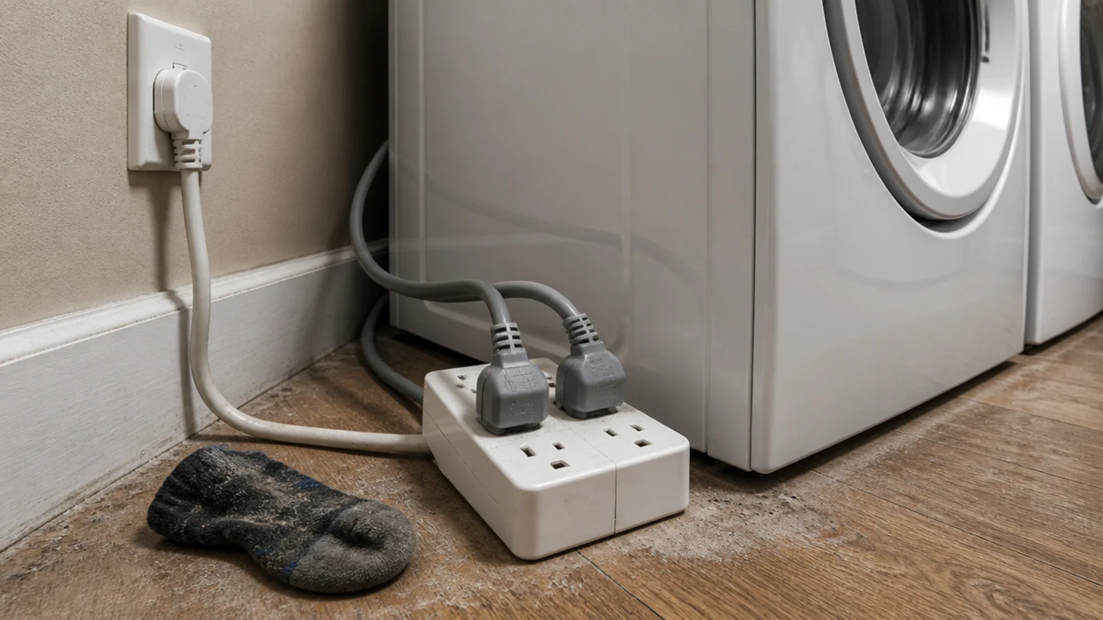 four way extension lead trailing behind two utility room machines