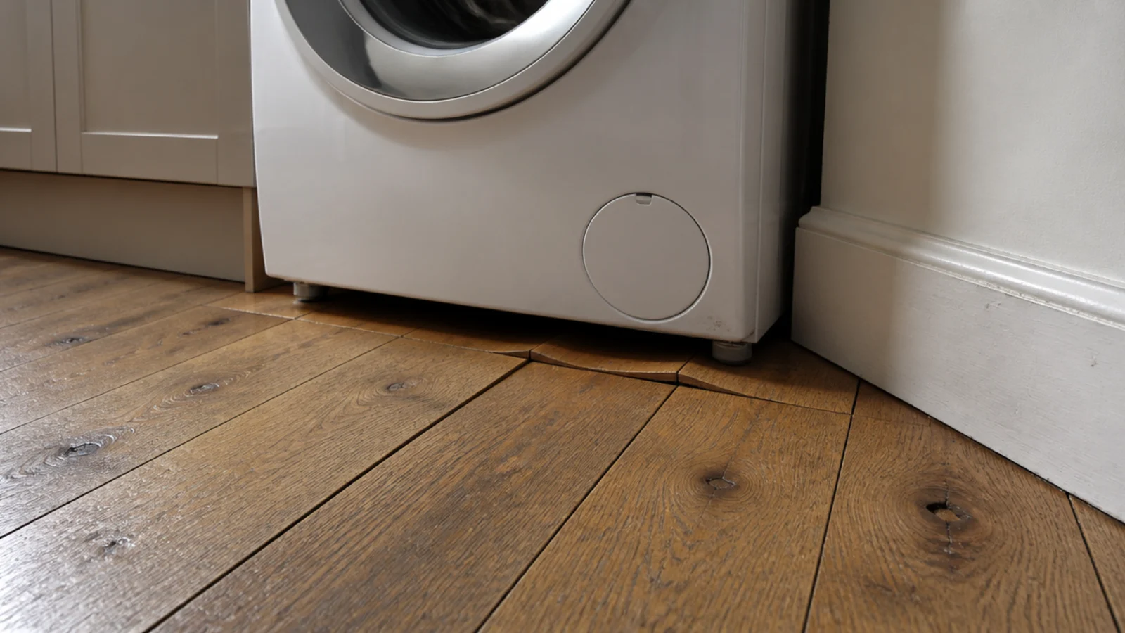 cupped solid oak boards running tight under a utility washing machine