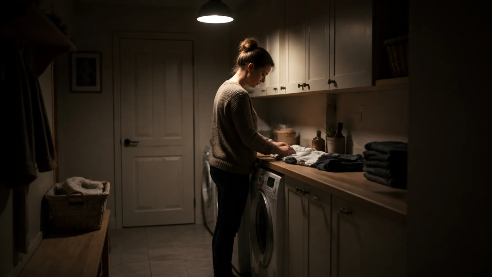 single ceiling light throwing a shadow across a utility worktop