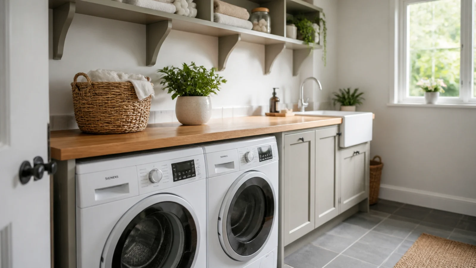 bright utility room ideas with stacked machines a wooden worktop and open shelving