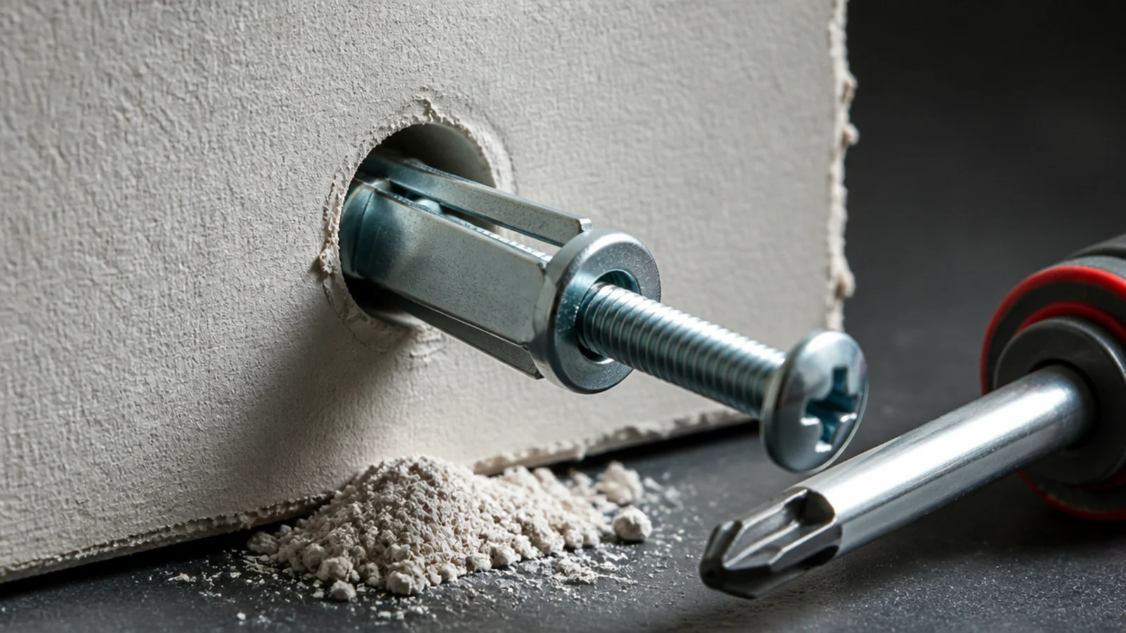 metal toggle bolt part inserted into a drilled hole in plasterboard