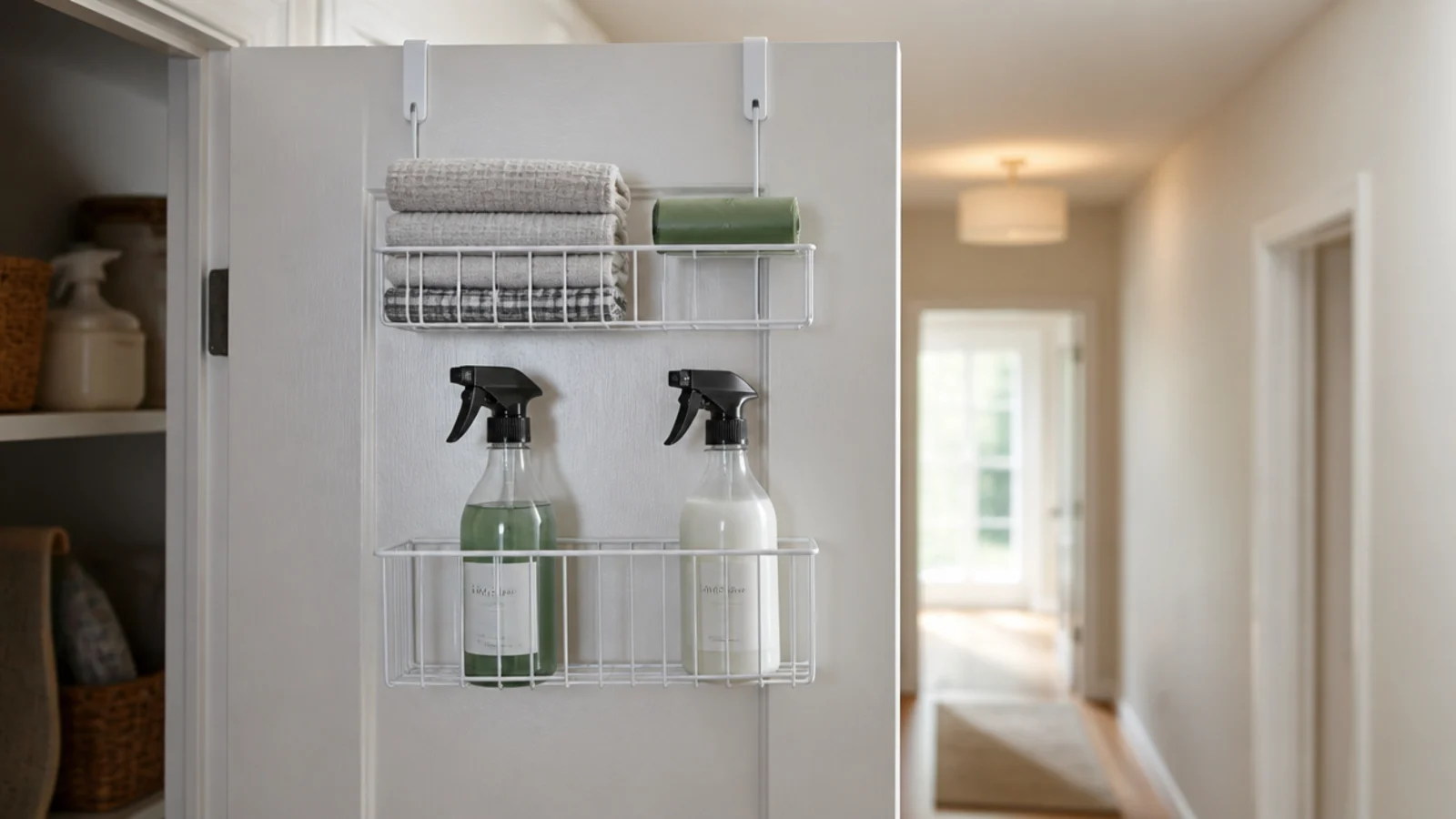 slim wire rack hooked over a utility door holding cloths and sprays