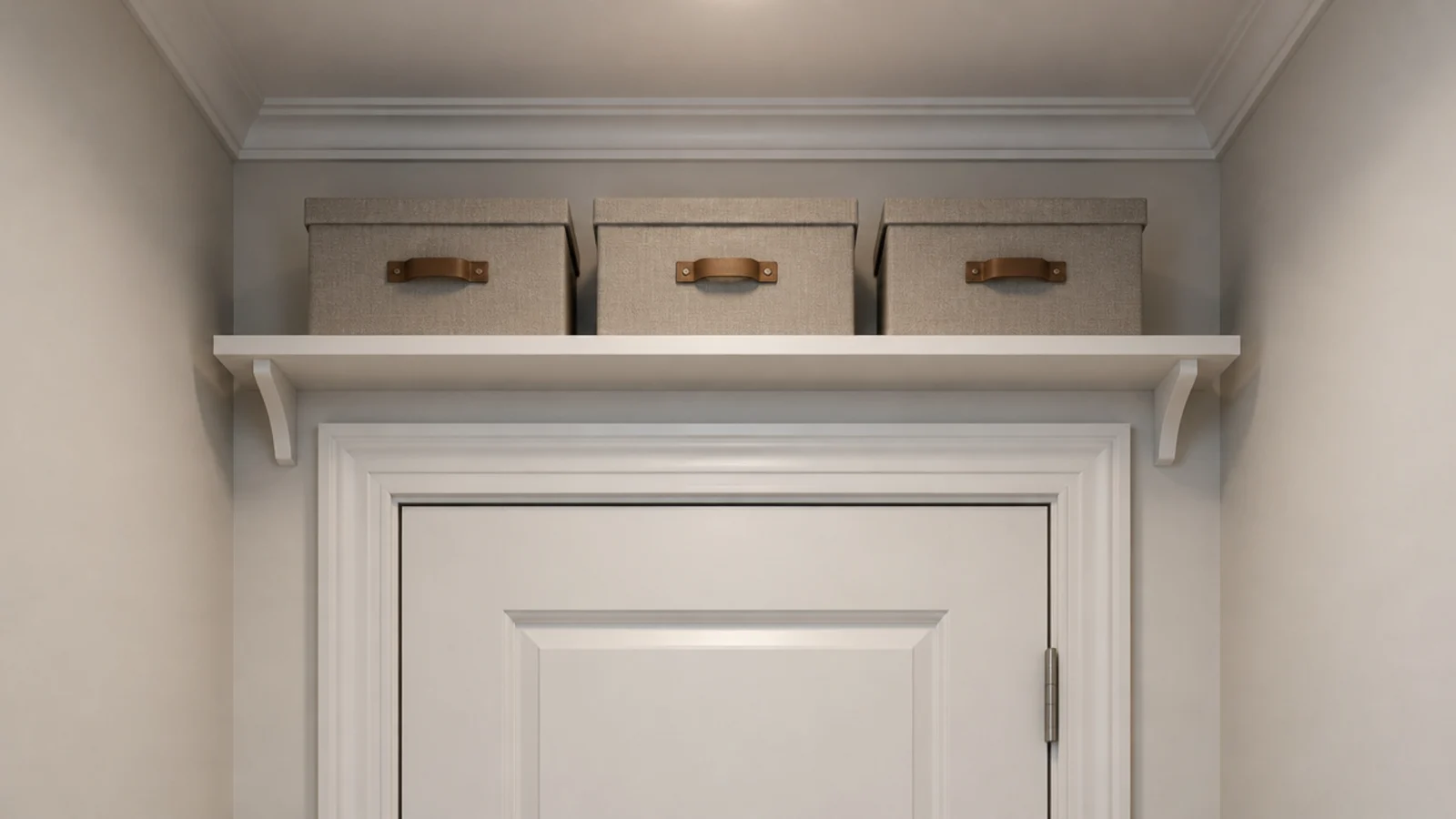 narrow shelf mounted in the wasted space directly above a door frame