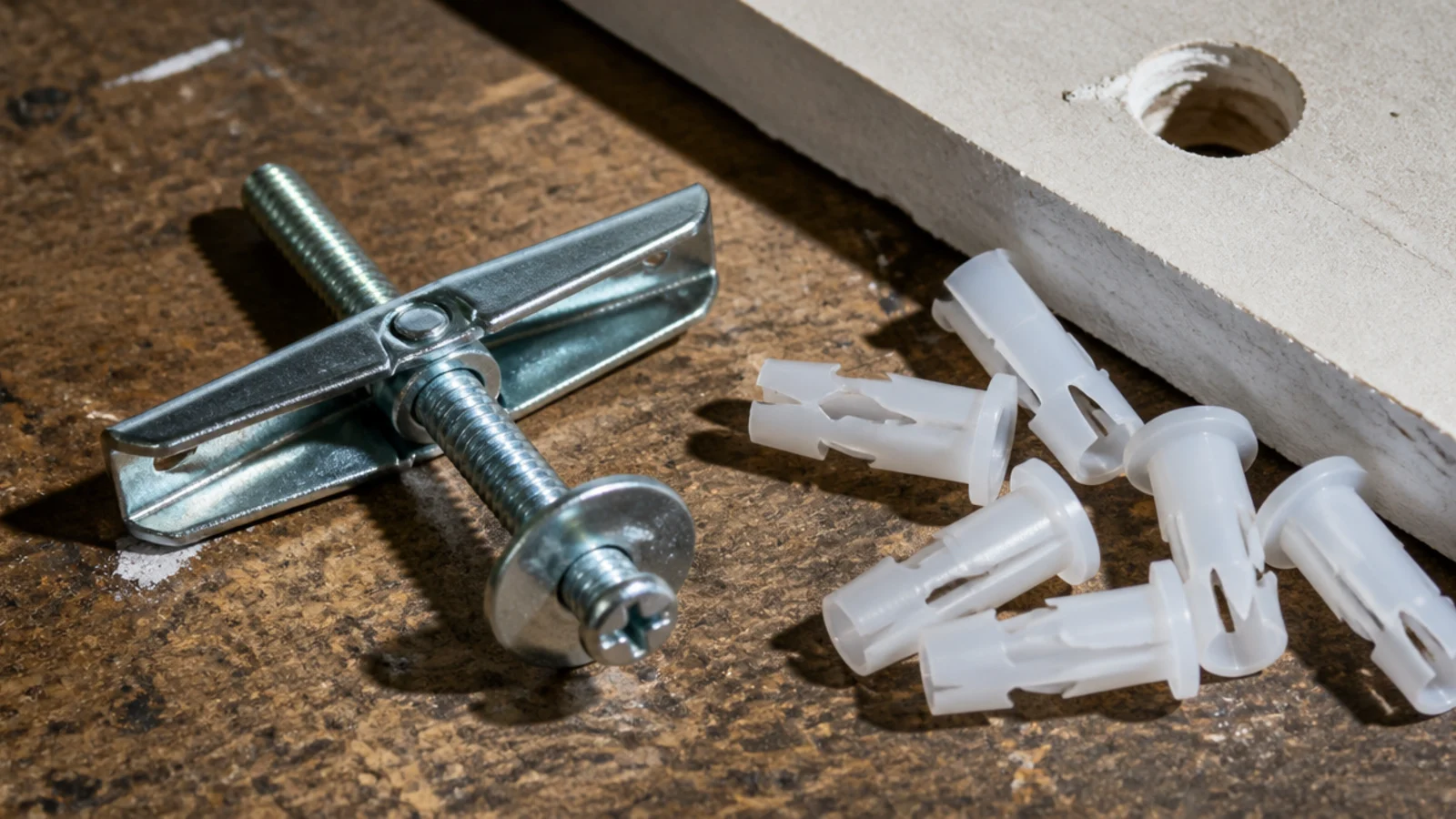 spring toggle bolt held open beside discarded plastic wall plugs