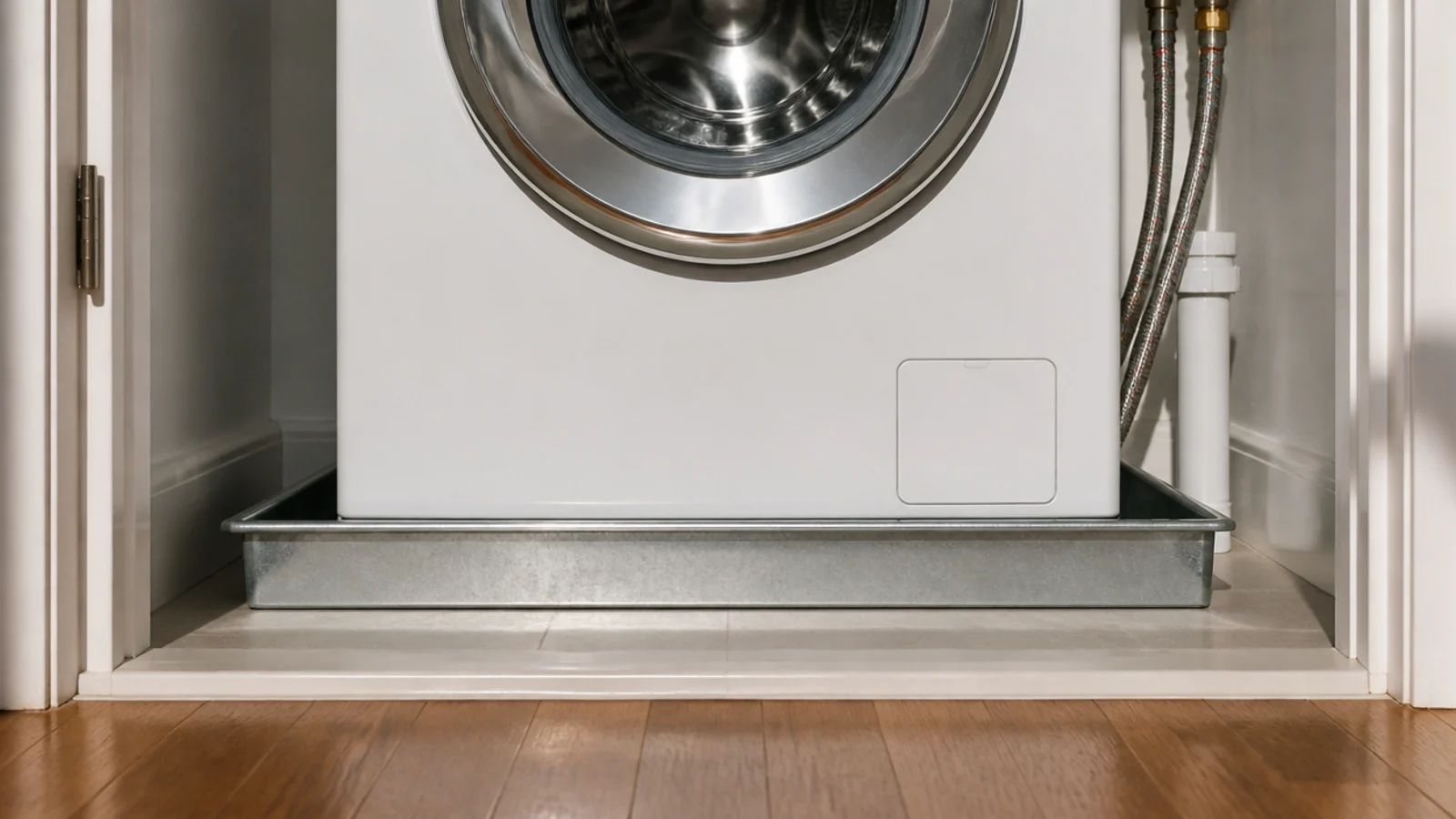 shallow drip tray installed beneath a washer with hoses running behind