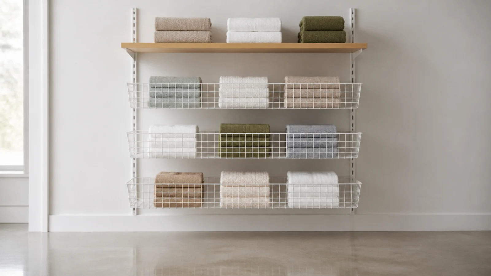 wall rail system carrying wire baskets and shelves above clear floor