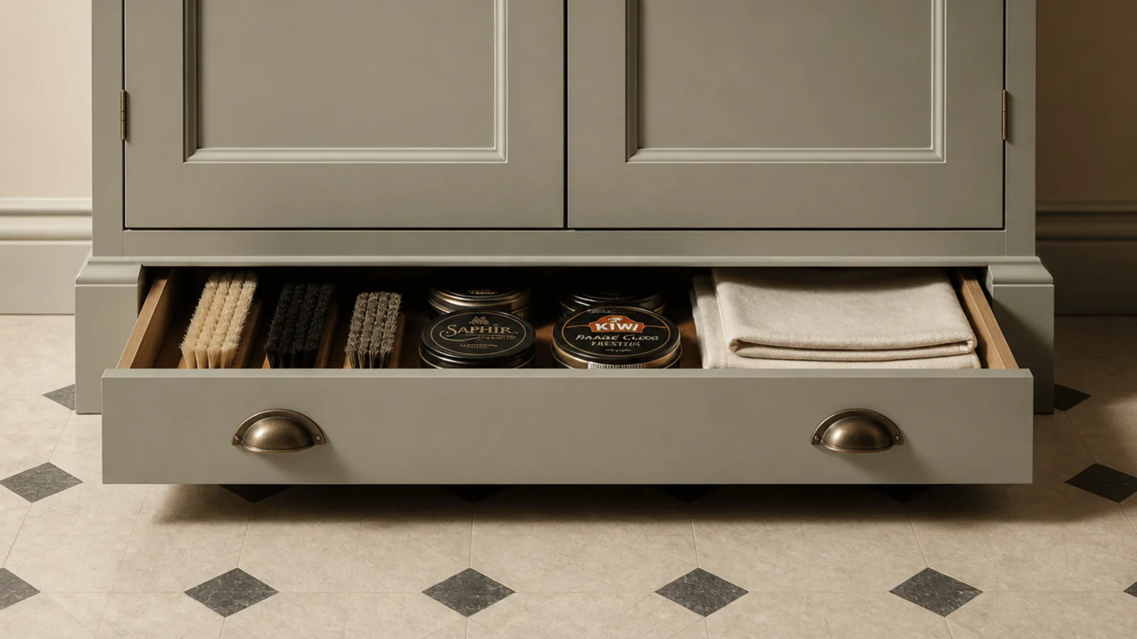 shallow toe-kick drawer pulled open below a base cabinet plinth