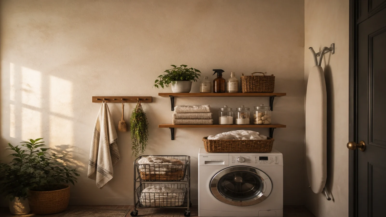 tall view of budget utility room storage with rails shelves and bins