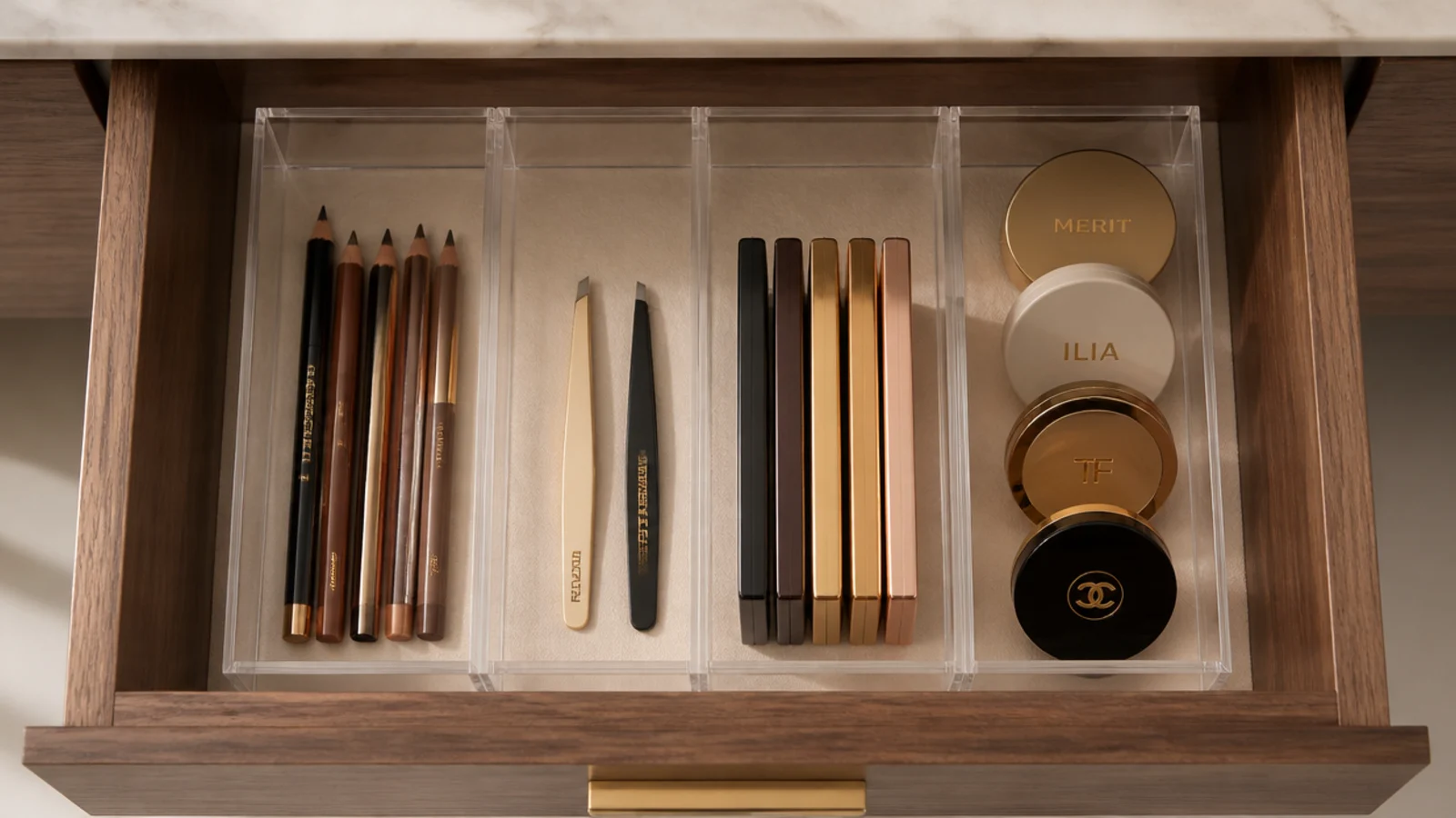 clear acrylic dividers fitted across a vanity drawer holding pencils and tools