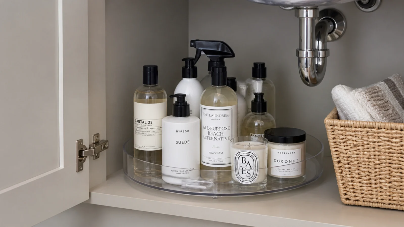 clear acrylic turntable inside a cabinet holding bottles facing outward