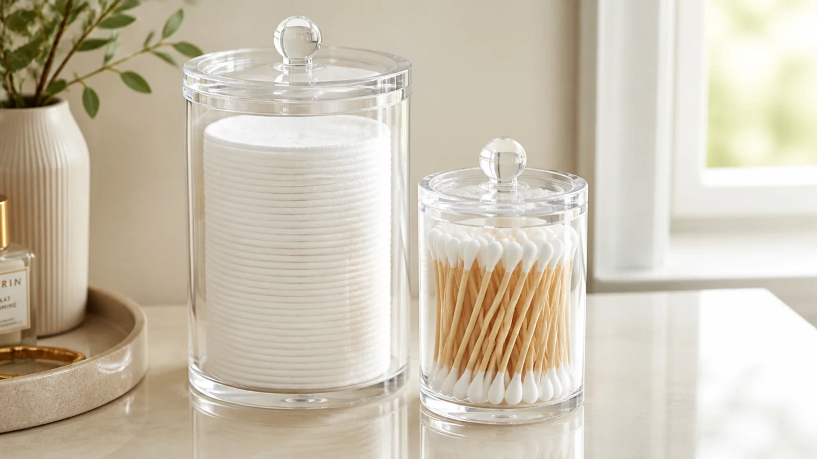 lidded acrylic canister filled with cotton rounds on a tidy vanity counter