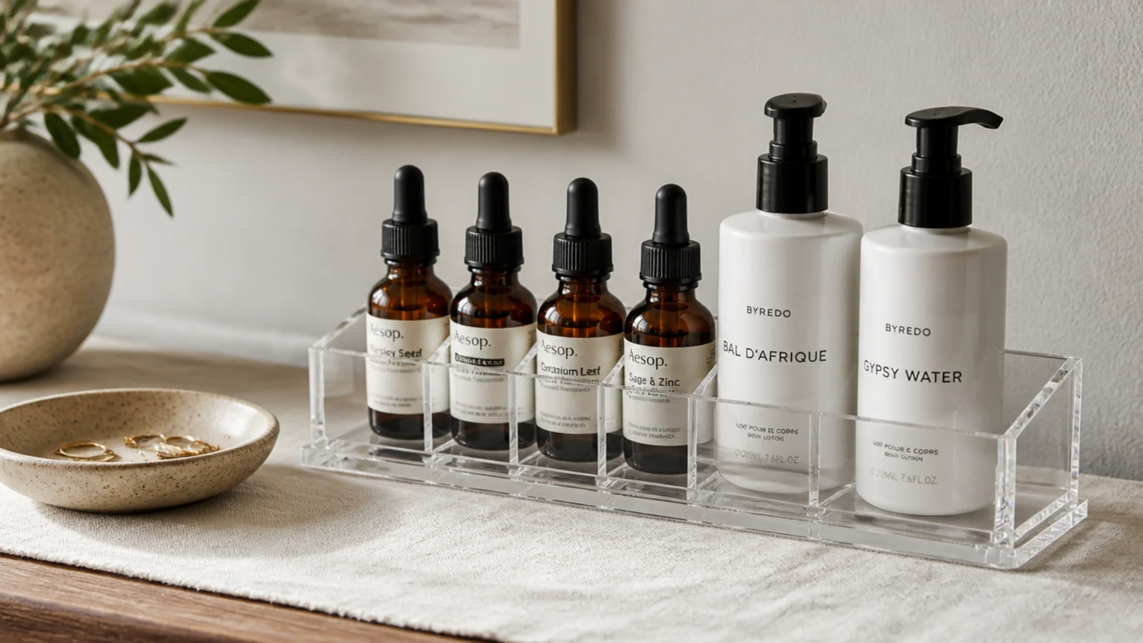 acrylic caddy holding serum droppers and pump bottles standing upright